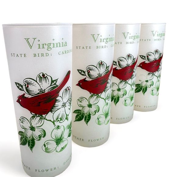 Vintage Anchor Hocking Virginia State Bird and Flower Frosted Glasses, Set of 4 - Picture 4 of 11